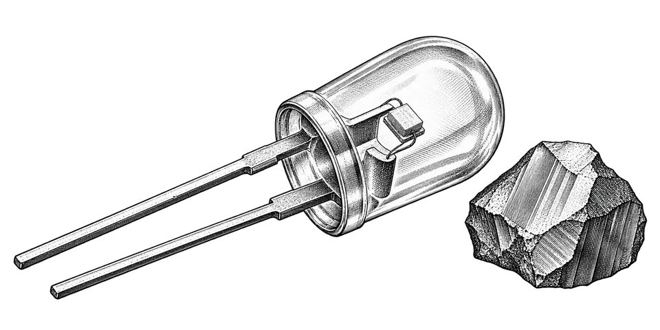 Black-and-white engraving of an LED beside a crystal