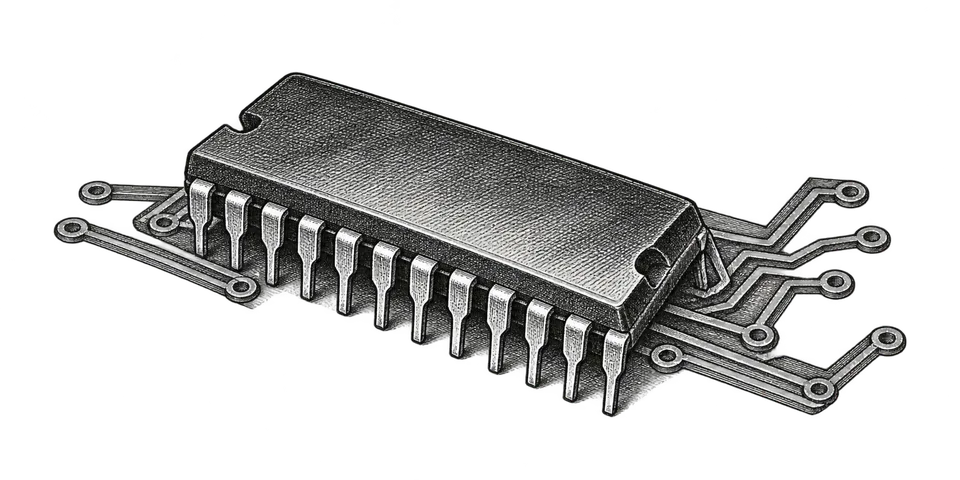 Black-and-white engraving of a processor chip and circuit traces