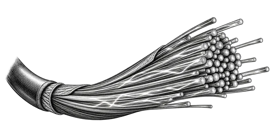 Black-and-white engraving of a cable opening into many optical fibers