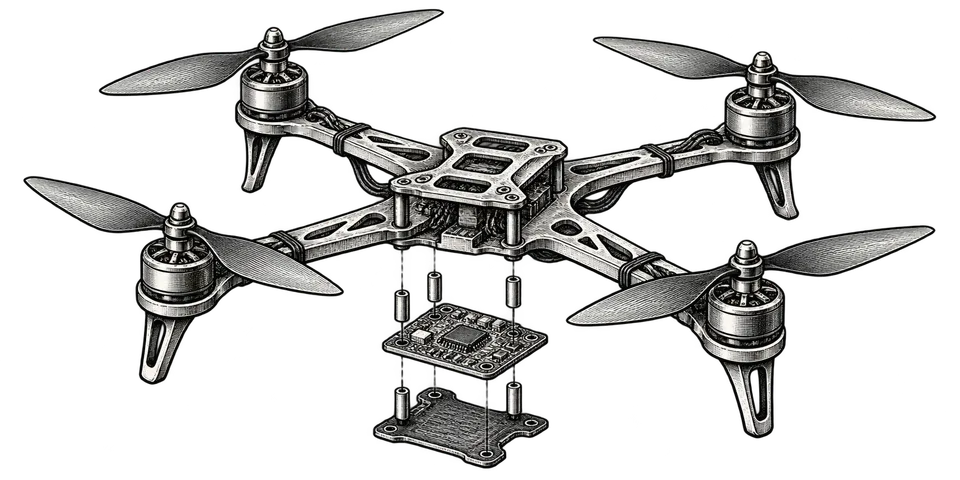 Black-and-white engraving of a quadcopter and its controller